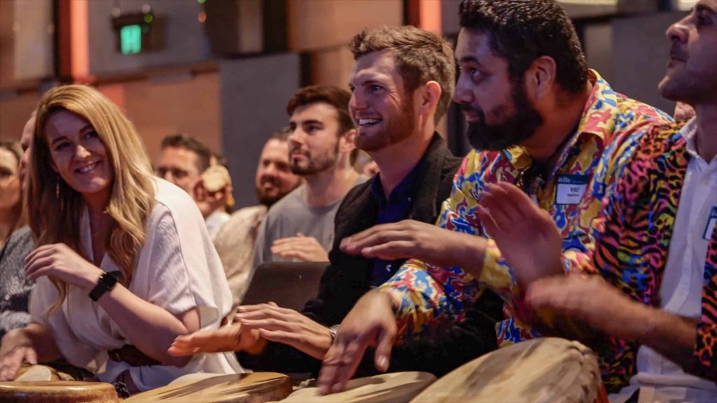 McNab Team Building Workshop at the W Hotel, Magandjin (Brisbane). 300 Tradies playing music together with Elliott Orr, Lansana Camara, Josh Bell, Tsoof Baras and Beatriz Pinto. August 2nd 2019