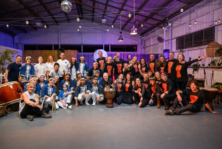 Zormiwasa at the Little Big Bang - Africa meets Japan, in Magandjin (Brisbane) at the Happy Jane Cafe, Stafford June 28 2025 From left to right, back to front Byron Taiko including Toshi Yoshida, Mayu Akiba, Hiro Akiba and Kai Akiba. Zormiwasa including Jackson Greenaway, Sam Greenaway, Tsoof Baras, Gal Baras, Jason Callender, Shan Fay, Valerie Geffroy, Lara Pape, Rohan Tripsmith, Michaela Diestel, Jeremy Kirby, Alicia Russell, Elliott Orr, Lara Kelly, Angela Graham, Maritza Sullivan, Terry Sullivan, Gabi Donovan, Virginie Marley, Nicole Bowden, Sheila, Justin Boyle