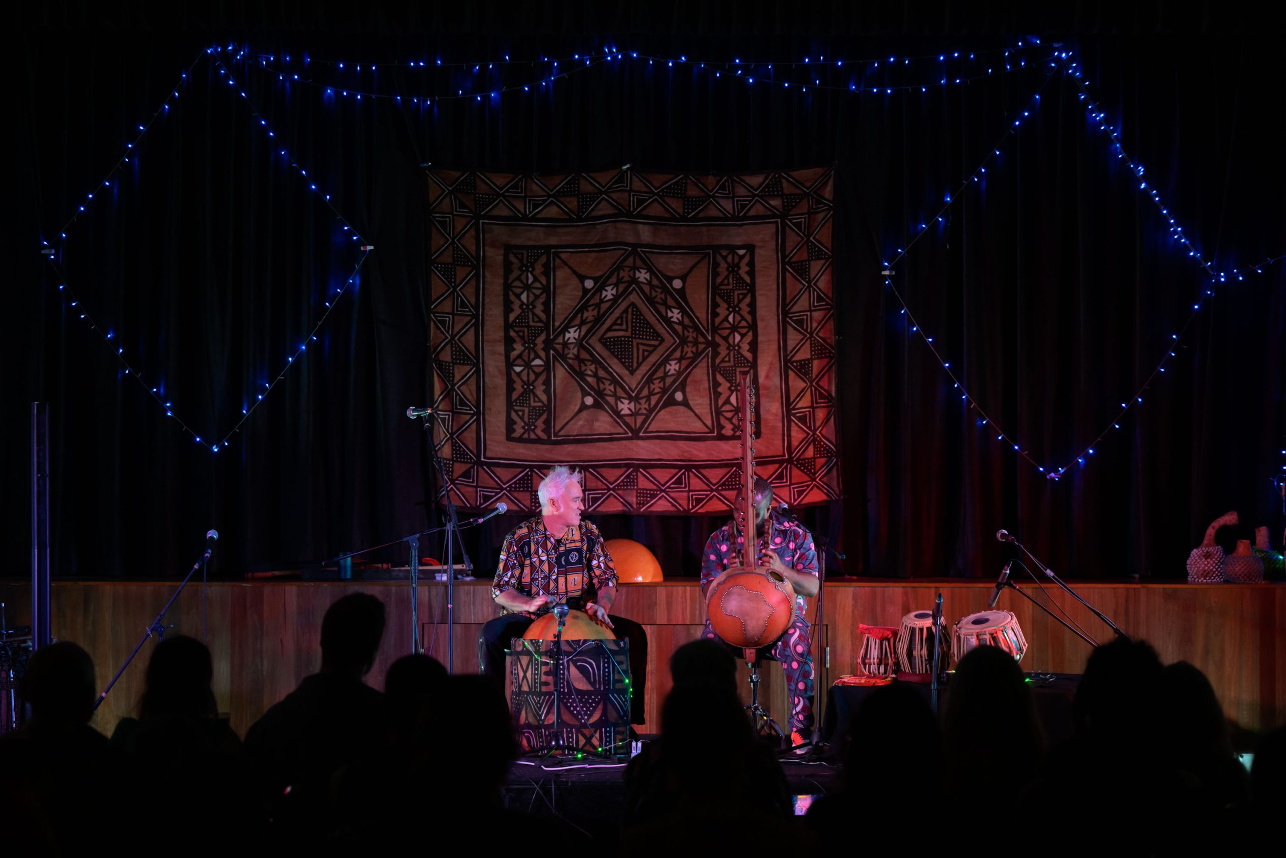 Lansana Camara performing on kora with Splash Gourdon performing on the calabash gourd at the Little Big Bang - Africa meets India. Mullumbimby Civic Centre April 6, 2024